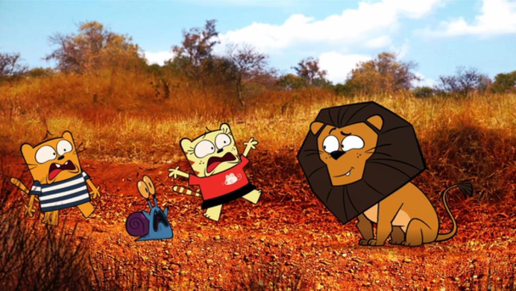 Ein Löwe stellt sich Ollie und Moon in den Weg, als sie Giraffe Geraldine besuchen wollen.