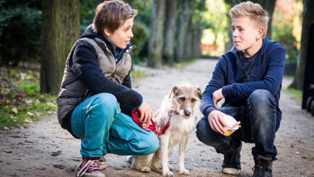 Till (Otto von Grevenmoor, links) und Tom (Vincent Grages) hocken neben Hündin Socke.
