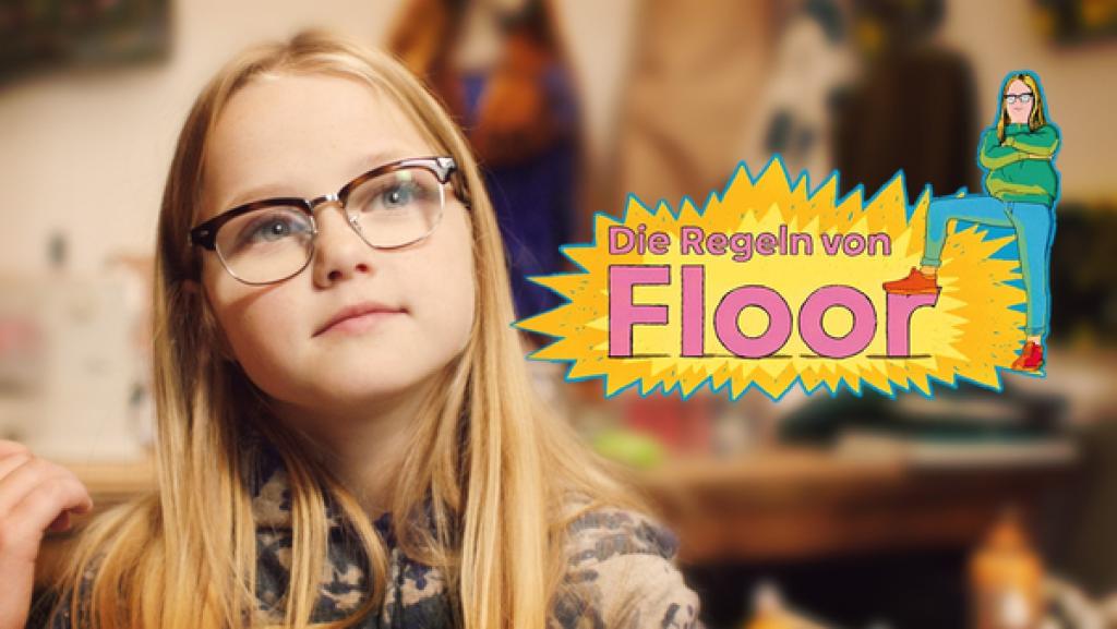Ein etwa zehnjähriges Mädchen mit langen Haaren und Brille schaut nachdenklich nach oben. Neben ihr das Logo von Die Regeln von Floor.