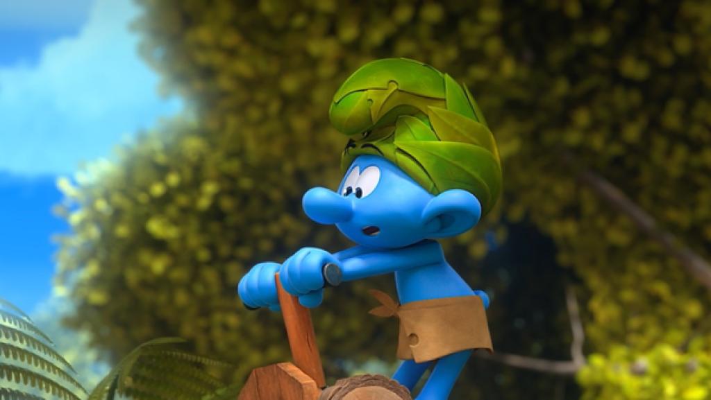 Rechte: KiKA/Peyo Productions, Dupuis Édition & Audiovisuell 2020 Wild steht auf Schlaubis Schlumpfway im Wald und genießt die Aussicht.