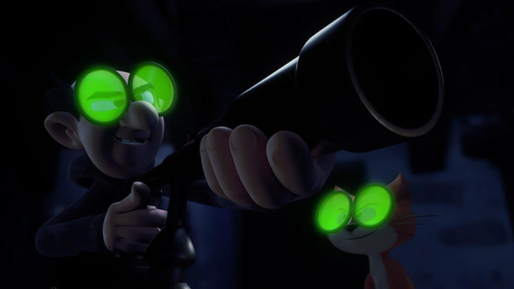 Gargamel und eine orangefarbene Katze schauen sich mit grünen Nachtsichtbrillen im Dunklen um.