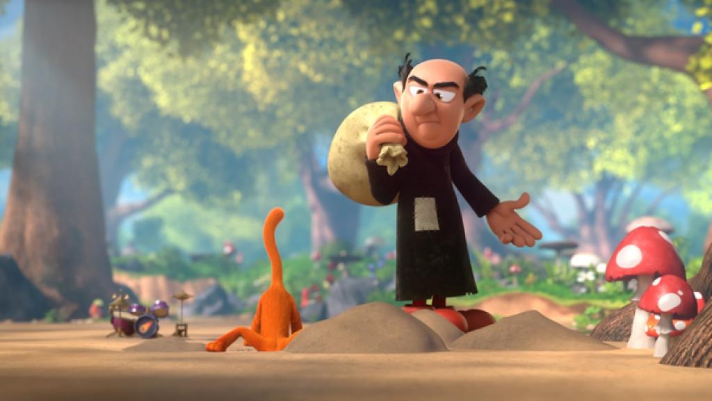 Der orangene Kater versteckt seinen Kopf in einem Erdloch. Neben ihm steht Gargamel mit einem Sack über der Schulter. Er schaut verwundert.