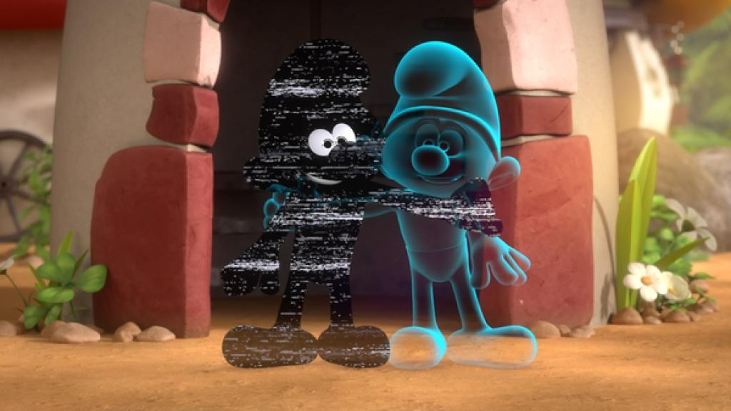 Eine schwarze Schlumpffigur mit weißen Rissen und  der fast durchsichtige Schlumpf Hefti stehen Arm in Arm nebeneinander vor einem Torbogen.