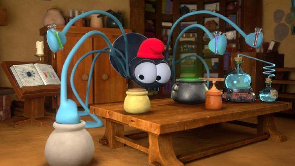 Eine große schwarze Spinne mit einer roten Mütze hält in drei ihrer acht hellblauen Beine in Reagenzgläser mit bunter Flüssigkeit.