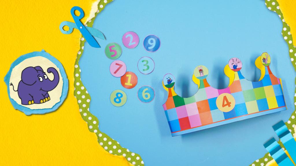 Bastle eine Zahlenkrone mit dem kleinen blauen Elefanten für deinen Geburtstag.