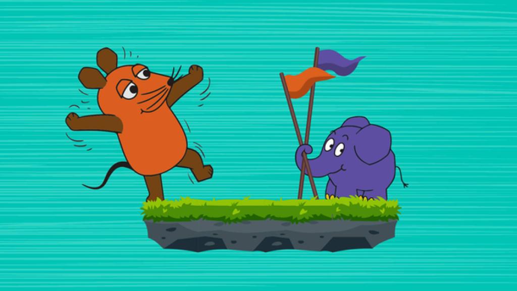 Maus und Elefant mit Zielfähnchen – kostenloses "Jump and Run"-Spiel für Kinder