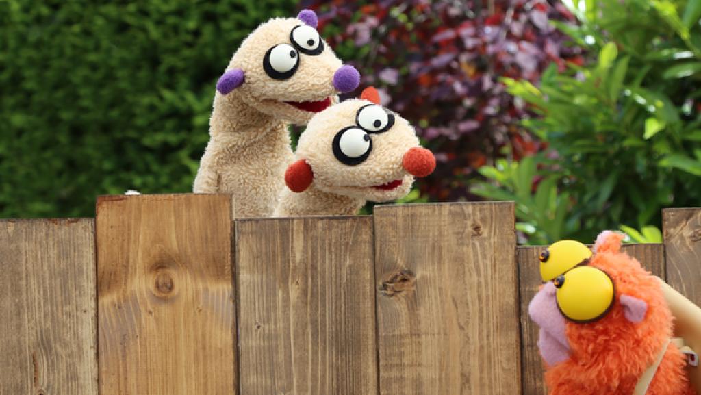 Die Erdmännchen Jan und Henry schauen über einen Zaun und sehen eine Plumplori.