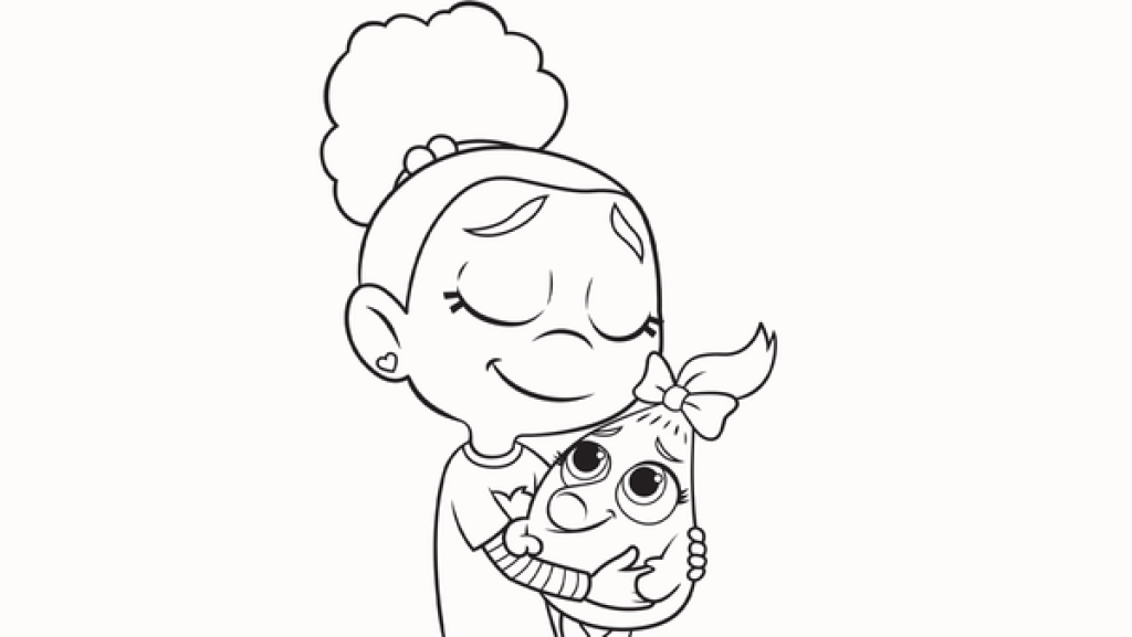 Esme und Fee Die Mostersitterin Esme hält das Monsterchen Fee im Arm.