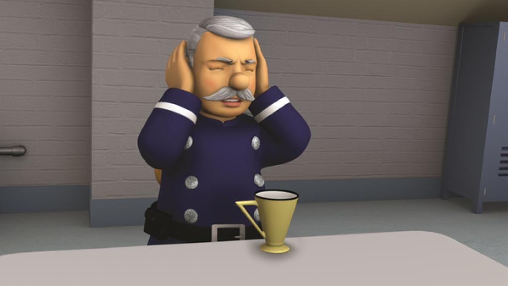 Rechte: KiKA/2011 Prism Art & Design Limited Hauptfeuerwehrmann Steele kann die Gesangseinlagen von Elvis nicht mehr ertragen.