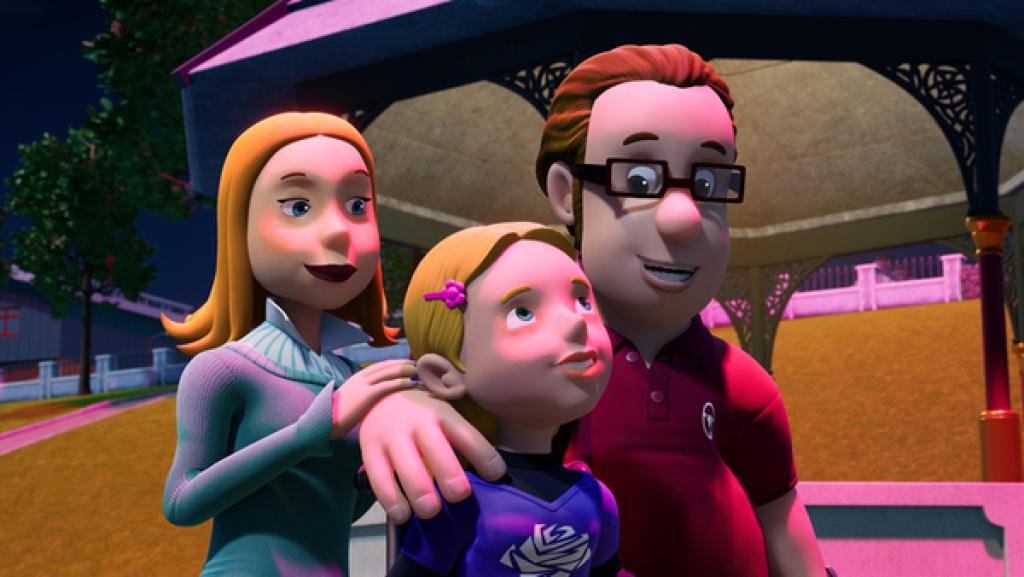 Rechte: KiKA/Prism Art & Design Limited Eine abendliche Szene in Pontypandy. Lizzie, Hannah und Joe stehen eng beieinander. Hannah in der Mitte. Sie schaut rechts in den Himmel und bestaunt das Pontypandy-Feuerwerk.