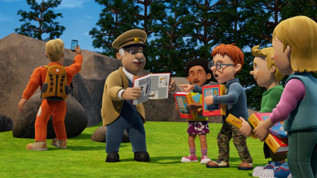 Rechte: KiKA/Prism Art & Design Limited Tom Thomas unterstützt Trevor und die Pfadfinder beim Vogelbeobachten.