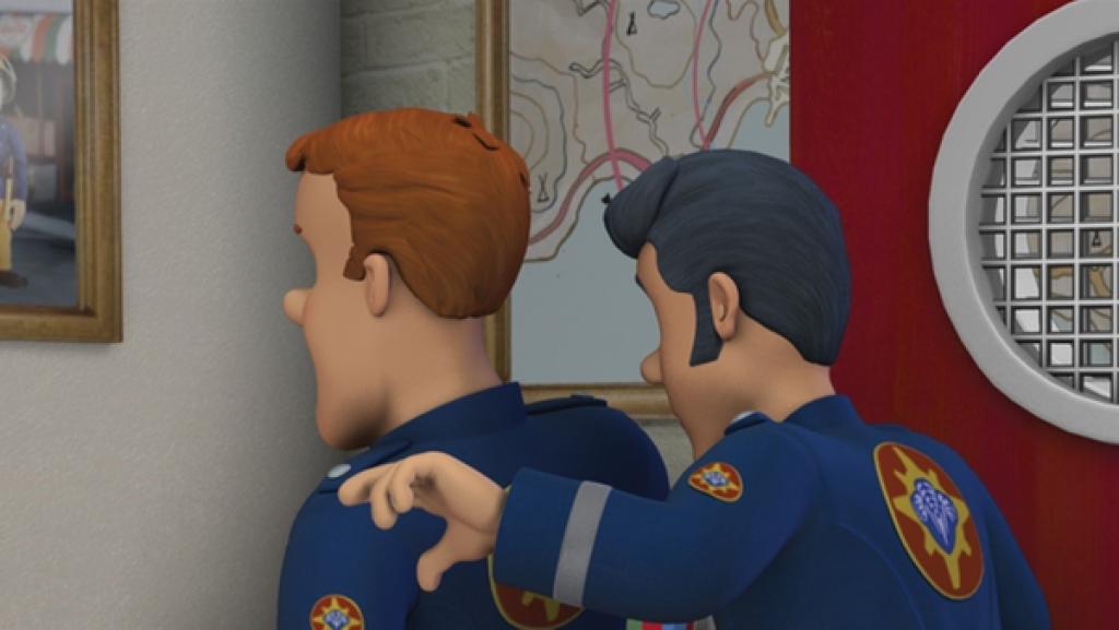 Rechte: KiKA/HIT Entertainment Sam, Elvis und Penny wollen Hauptfeuerwehrmann Steele nicht wecken.