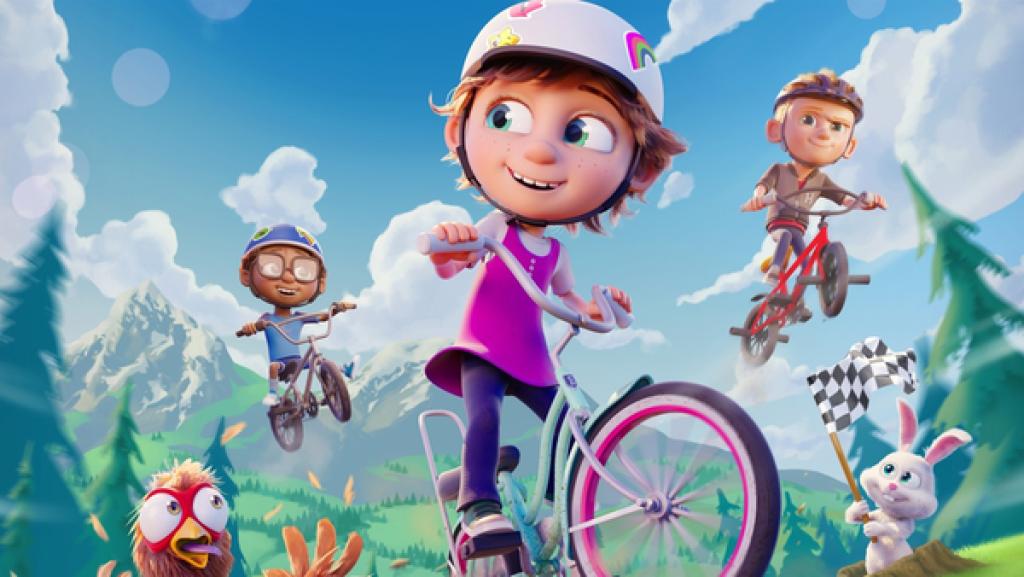 Die neuen Freunde Ella, Henry und Johnny rasen mit ihren Rädern durch die Sonnenscheinstraße.