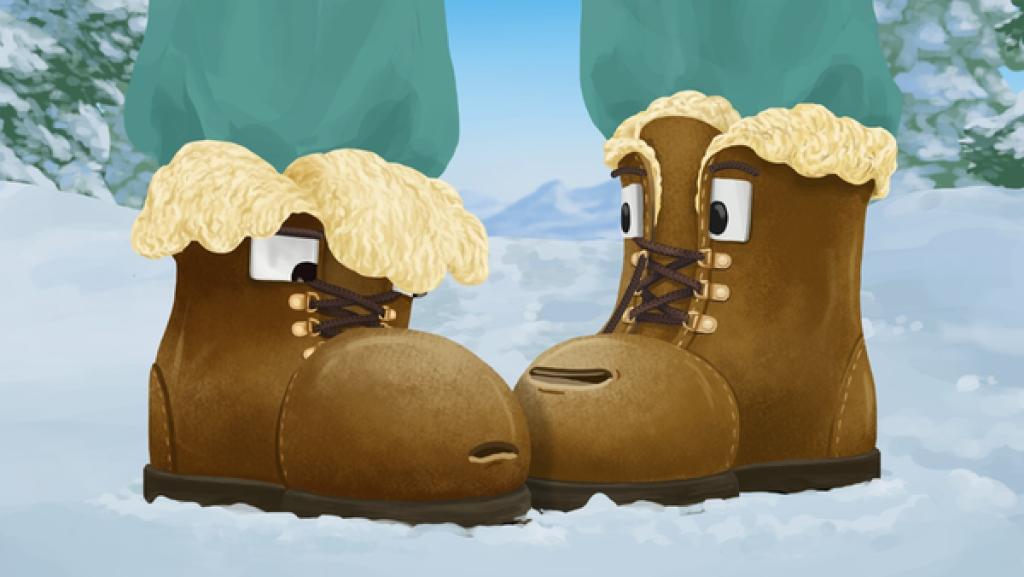 Die zwei Winterstiefel Jäätä und Lumi stehen in einer Schneelandschaft. Sie wirken nachdenklich.