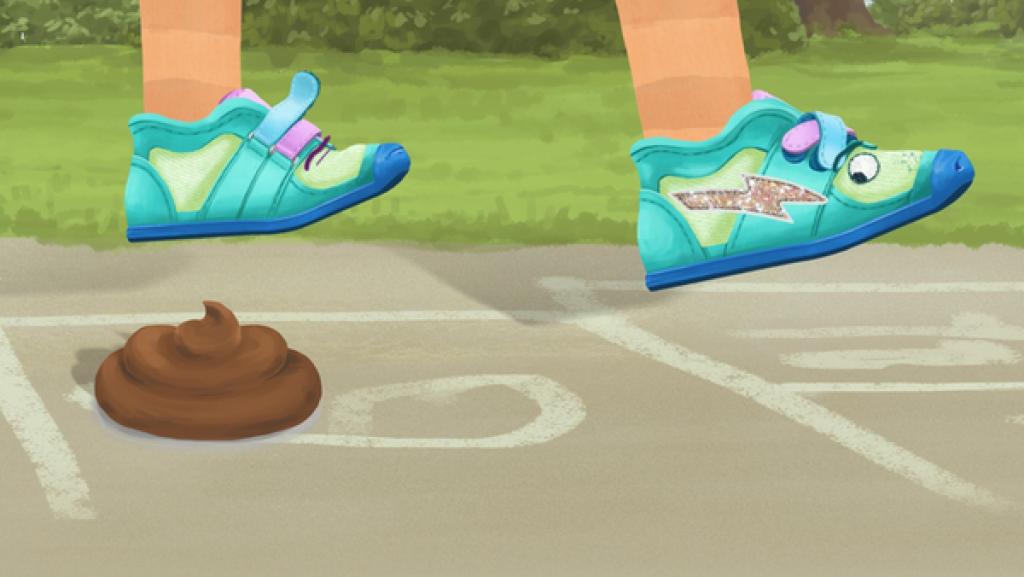 Turnschuh Dalli (links) hüpft über einen Hundehaufen und kneift die Augen zu, während Turnschuh Wetz (rechts) in der Luft auf ihn zurückblickt.