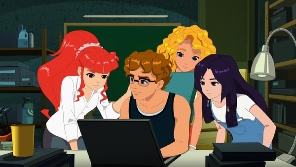 Lewis macht etwas am Laptop und Rikki, Emma und Cleo schauen ihm dabei zu.