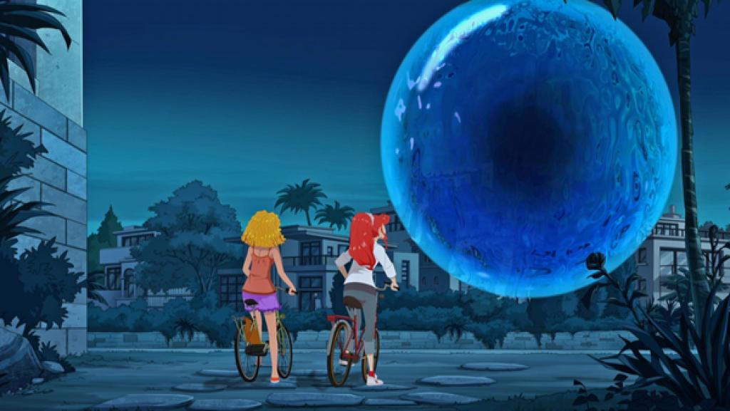 Emma und Rikki beobachten eine riesige Wasserkugel mitten in der Stadt.