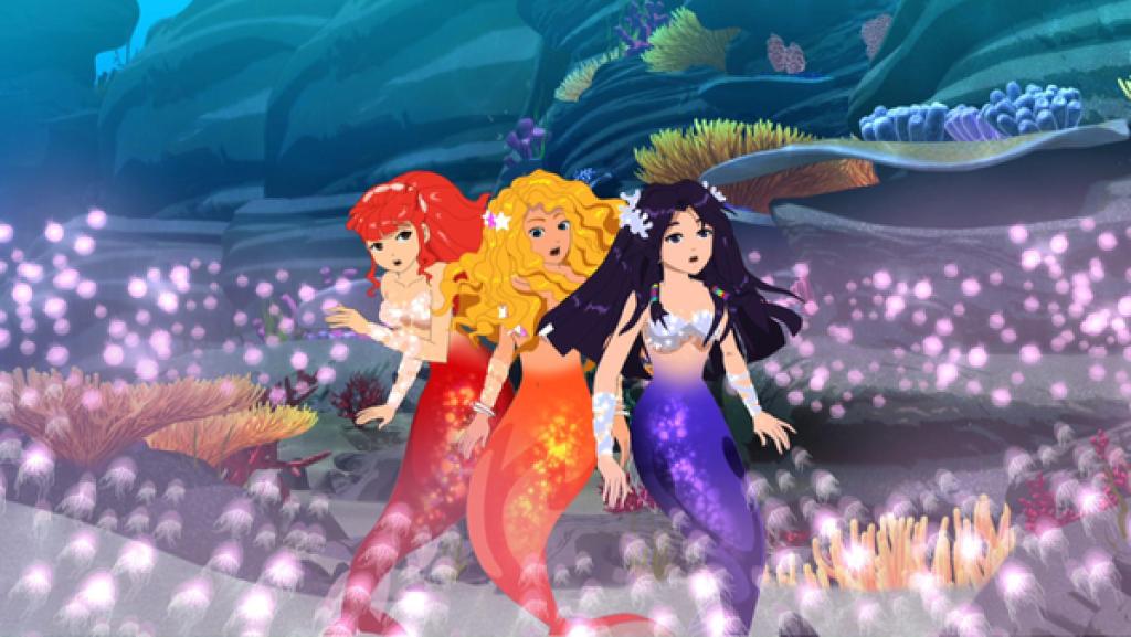 Die Meerjungfrauen Cleo, Emma und Rikki sind von giftigen Quallen umstellt.