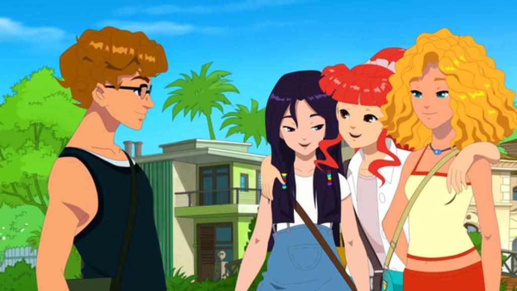 Poseidons Tochter | Rechte: 2014 Les Cartooneurs Associés/Fantasia Animation/ZDF/ZDF E/francetélévisions Lewis trifft auf Emma, Cleo und Rikki, die sich entspannt in den Armen liegen.