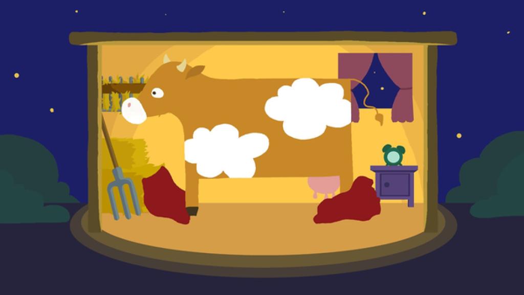 Rechte: KiKA/SWR/Studio FILM BILDER/Julia Ocker Die Kuh legt sich zum Schlafen nieder.