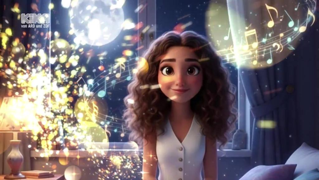 Ein Mädchen im Animations-Stil blickt in die Kamera, um sie herum leuchtende Noten.