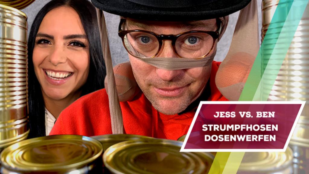 Endlich-Freitag-Video: Jess vs. Ben – Strumfhosen-Dosenwerfen | Rechte: KiKA / Torben Hagenau Jess vs. Ben – Strumfhosen-Dosenwerfen