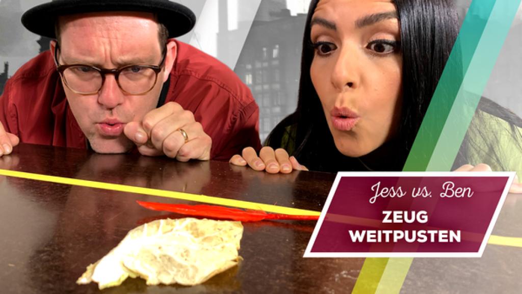 Endlich-Freitag-Video: Jess vs. Ben – Zeug-Weitpusten | Rechte: KiKA / Torben Hagenau Jess vs. Ben – Zeug-Weitpusten