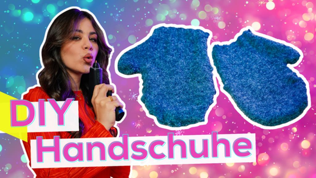 DIY Handschuhe | Rechte: KiKA / Torben Hagenau Sarah mit Heißklebepistole. Neben ihr Bild von Handschuhen mit weißer Umrandung. Aufschrift: DIY Handschuhe