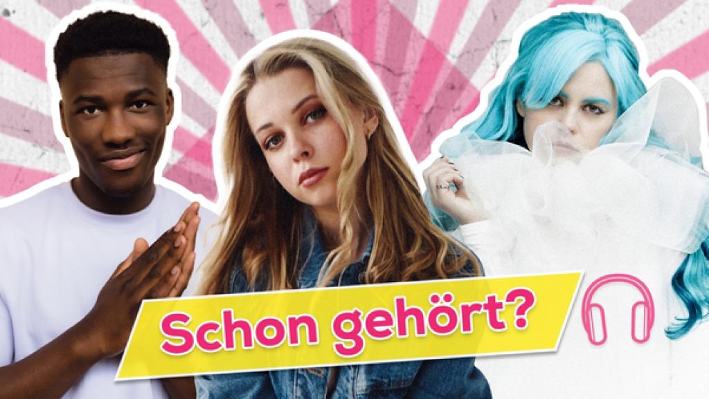 Rechte: KiKA/Lina Drakostamatis/Sascha Wernicke/JCVERONA Links ist ein Bild von Claude, in der Mitte von KATI K und rechts von Kings Elliot. In der Mitte ist ein gelber Banner mit pinker Aufschrift "Schon gehört?".