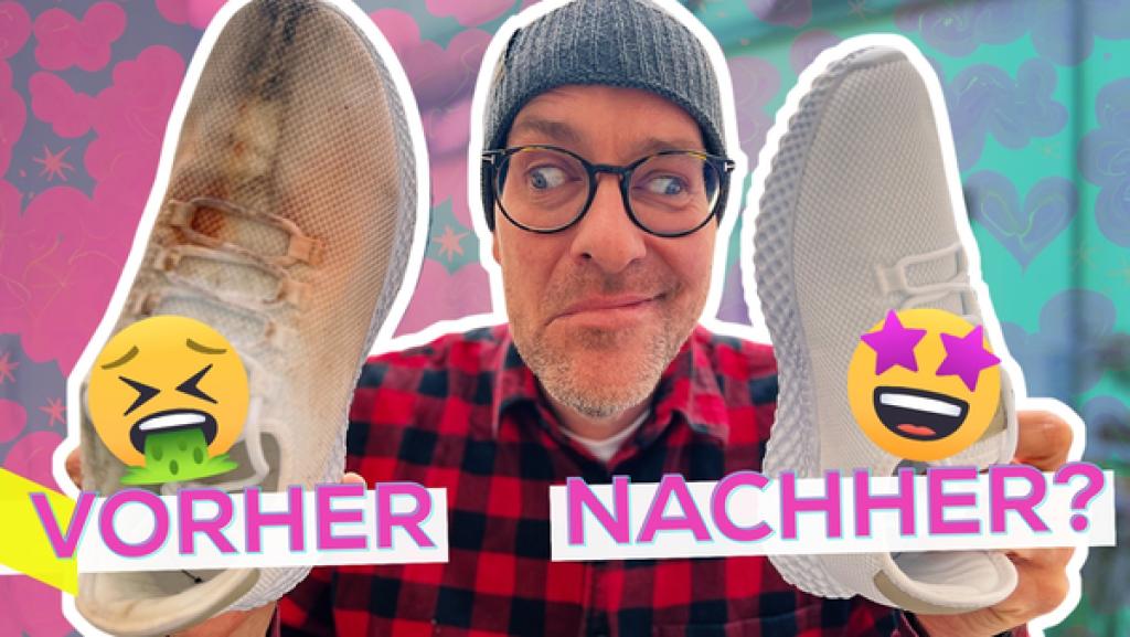 Rechte: KiKA/Jess Schöne Mittig Ben mit nach links verdrehten Augen und verzogenem Mund. Links hält er mit der Hand einen dreckigen und rechts einen sauberen Turnschuh hoch. Unten die Aufschrift: Vorher Nachher?