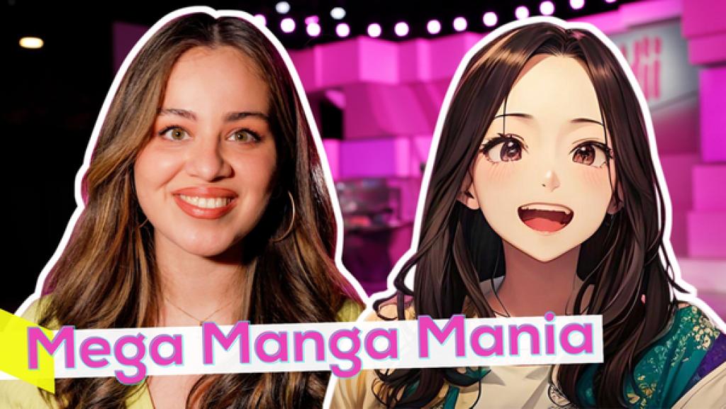 Rechte: KiKA/Torben Hagenau Links Sarah lächelnd. Rechts daneben ein Bild von ihr als gezeichneter Anime-Charakter. Im Hintergrund das Tanoshii-Studio. Unten die Aufschrift Mega Manga Mania.