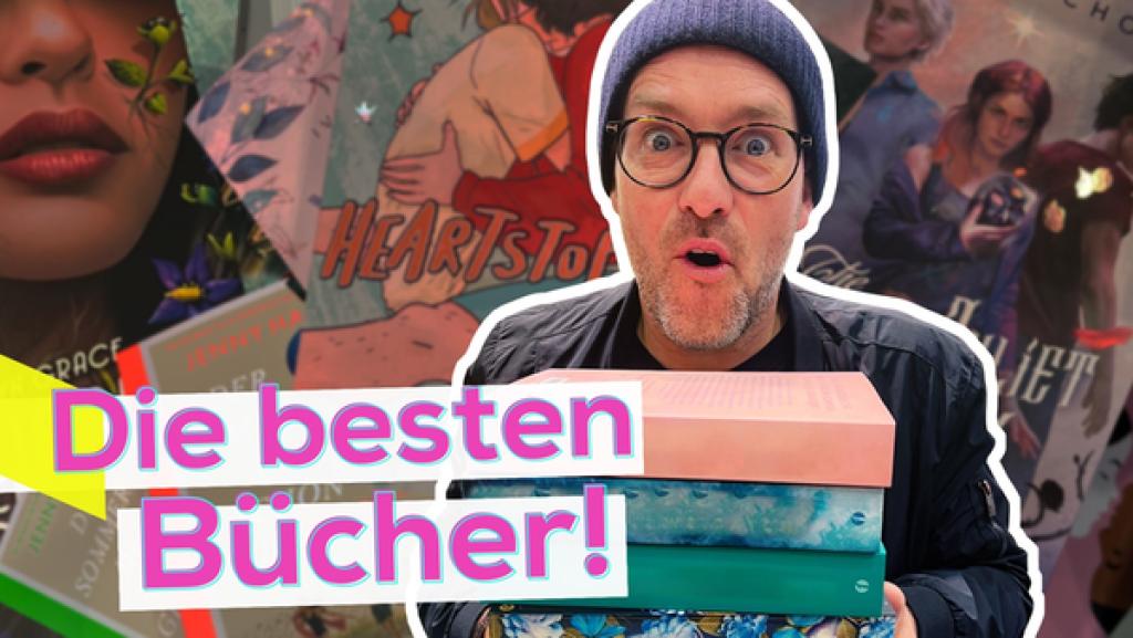 Ben mit aufgeregtem Gesichtsausdruck und einem Stapel Bücher in den Händen. Im Hintergrund verschiedene Cover von Jugendbüchern. Aufschrift: Die besten Bücher!