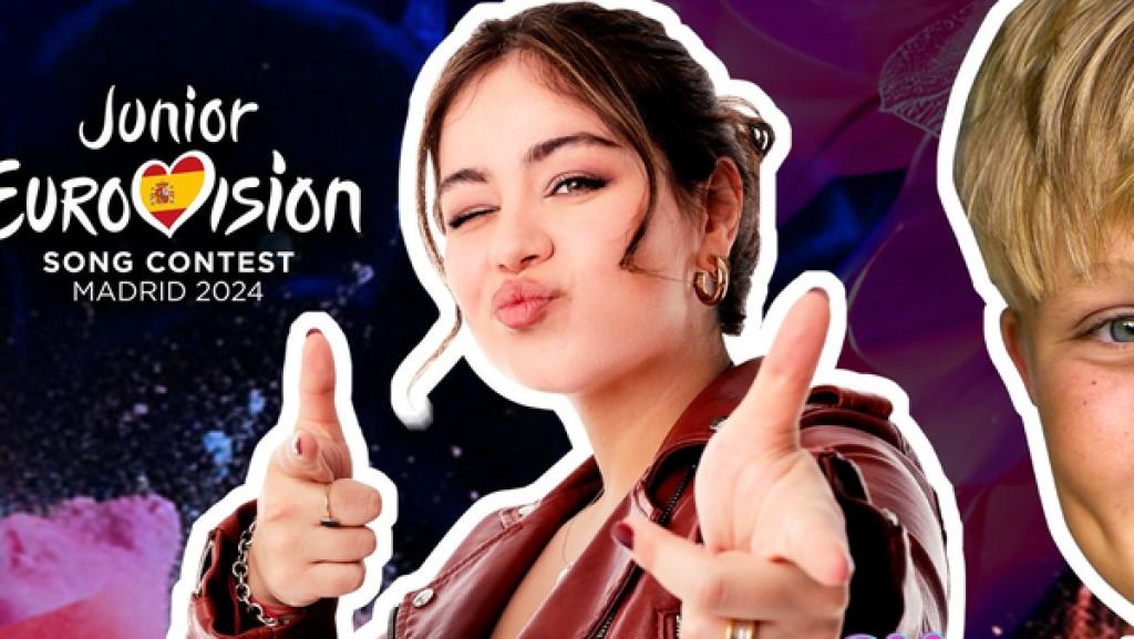 Rechte: KiKA/Torben Hagenau/Christopher Schmid Vorn rechts ein Portrait von Bjarne. Er lächelt freundlich. Dahinter mittig Sarah, die auf Bjarne deutet. Bunter Hintergrund mit Junior ESC-Logo. Aufschrift unten links: Bjarne singt für Deutschland.