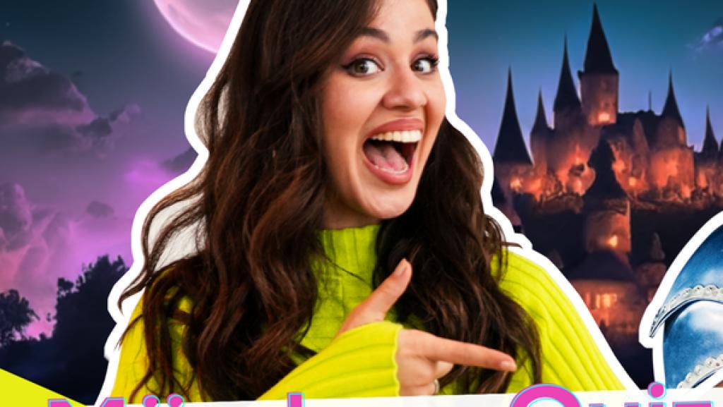 Links Sarah die fröhlich Lacht und auf ein Klemmbrett in ihrer Hand deutet. Rechts daneben ein Bild von der Rolle Chantal in Ritterrüstung und mit einem orangen Telefon. Hintergrund ein Märchenschloss. Aufschrift: Märchen-Quiz im Chanti-Style