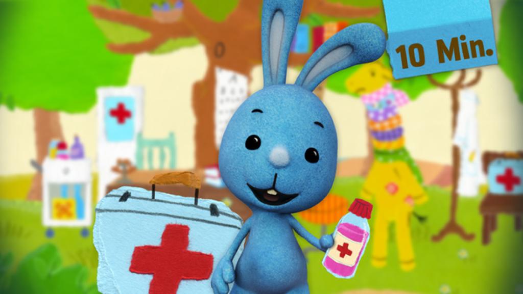 Kikaninchen hält eine Flasche Medizin und hat einen Arztkoffer.