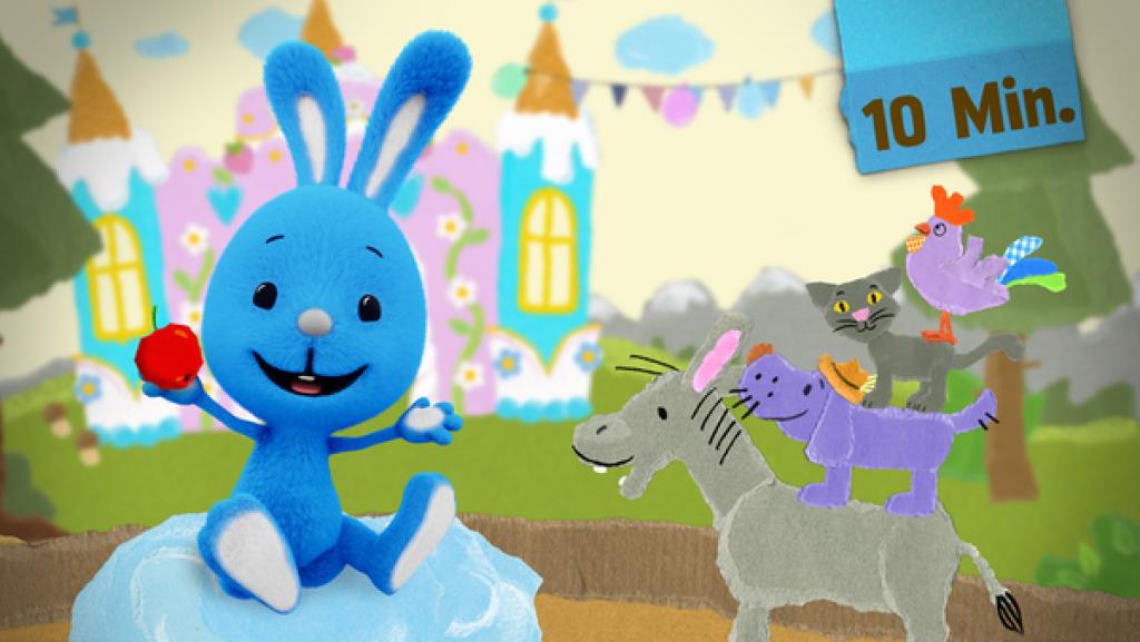 Kikaninchen hält einen roten Apfel, daneben die Bremer Stadtmusikanten.