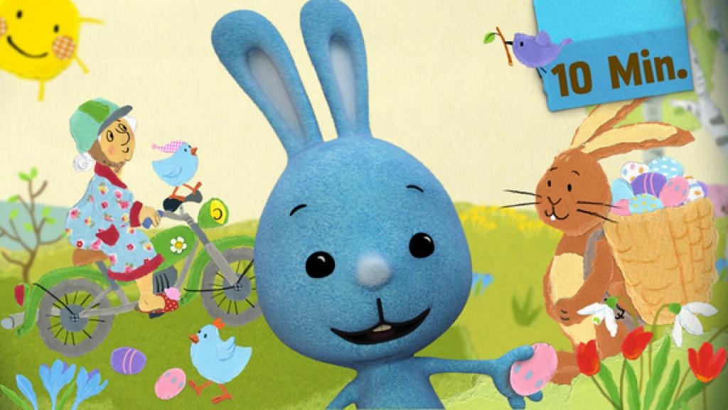 Kikaninchen & Küken freuen sich: Der Osterhase bringt Eier, Oma fährt Fahrrad.