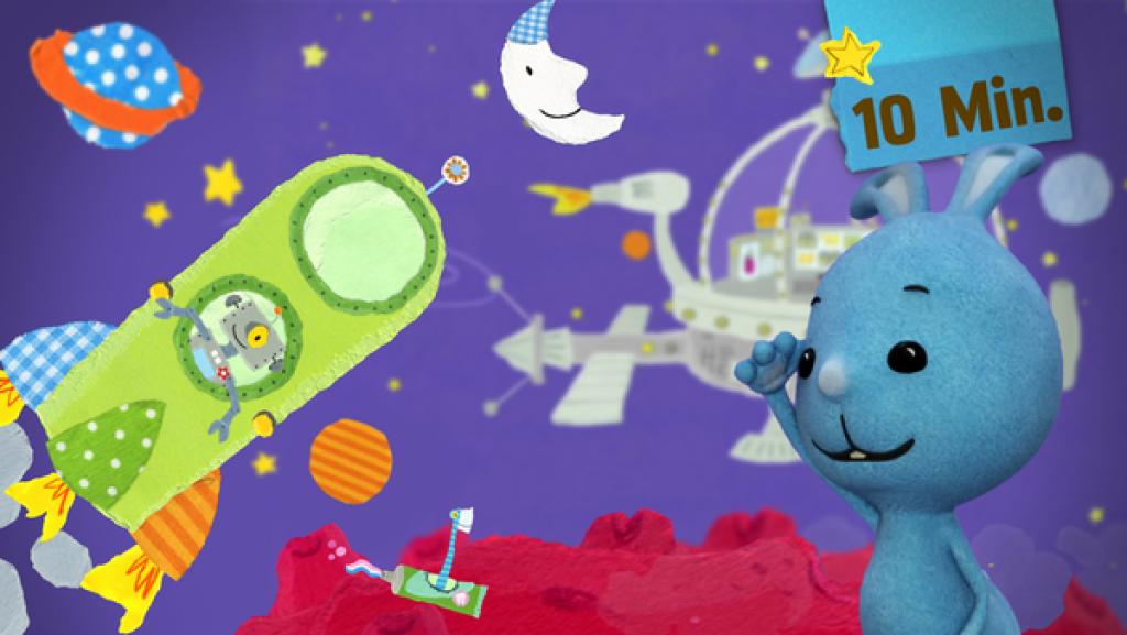 Kikaninchen im Weltraum: grüne Rakete, große Raumstation, Mond und Planeten.