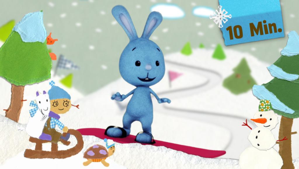 Kikaninchen fährt auf einem Snowboard einen Berg hinunter, während es schneit.