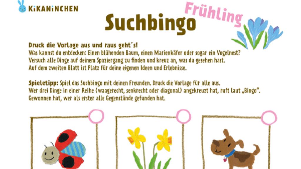 Die Vorlage zum Ausdrucken für ein Suchbingo im Frühling. Suchobjekte sind Frühblüher, wie Narzissen, ein Vogelnest, eine Pfütze, ein blühender Kirchbaum und andere Naturgegenstände.