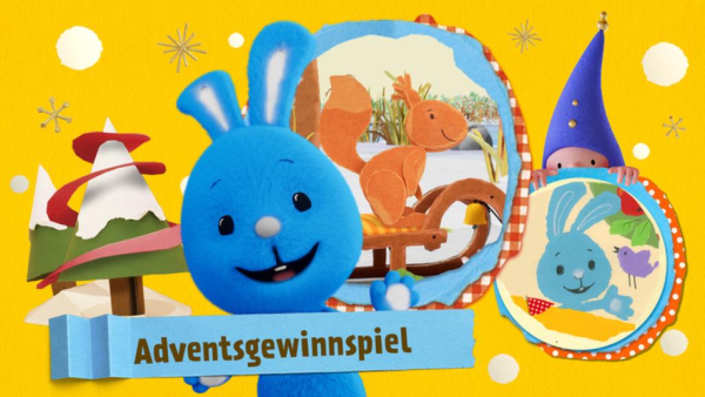 Rechte: KiKA Kikaninchen lacht, Eichhörnchen fährt Schlitten und ein Wichtel versteckt sich.