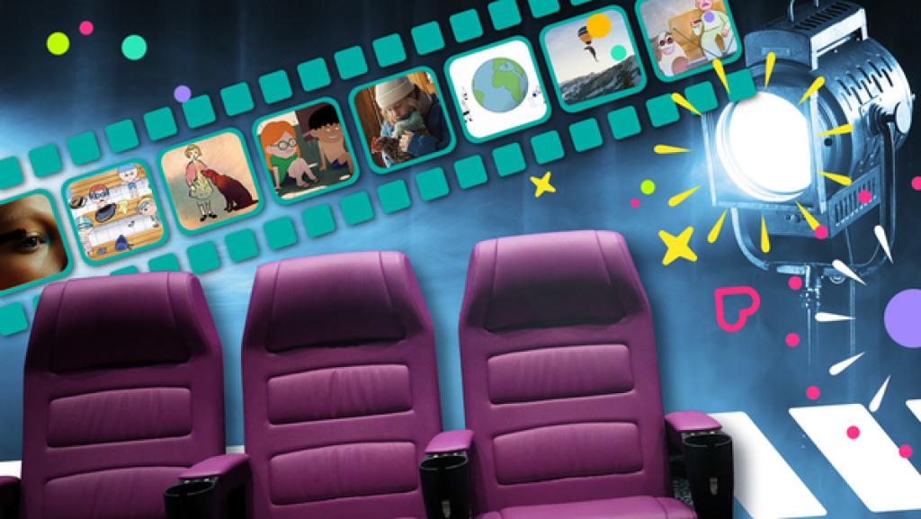 KURZweilig | Rechte: KIKA Violette Kinositze von einem Scheinwerfer beleuchtet, im Hintergrund Filmstreifen