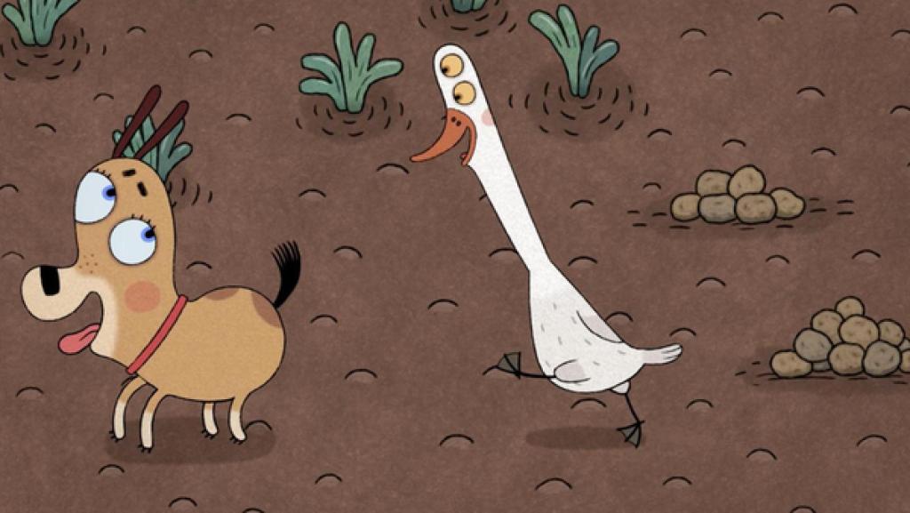 Lenas Hund und eine weiße Ente spielen Nachlaufen in Lenas Garten.