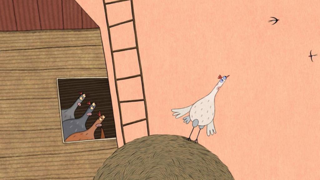 Ein weißes Huhn steht auf einem Heuhaufen und schaut sehnsuchtsvoll hoch in den Himmel. Dort zeigen einige Schwalben elegant ihre Flugkünste. Neben dem Heuhaufen ist der Hühnerstall. Aus dessen offenem Fenster recken drei weitere Hühner ihre Hälse und schauen neugierig heraus.