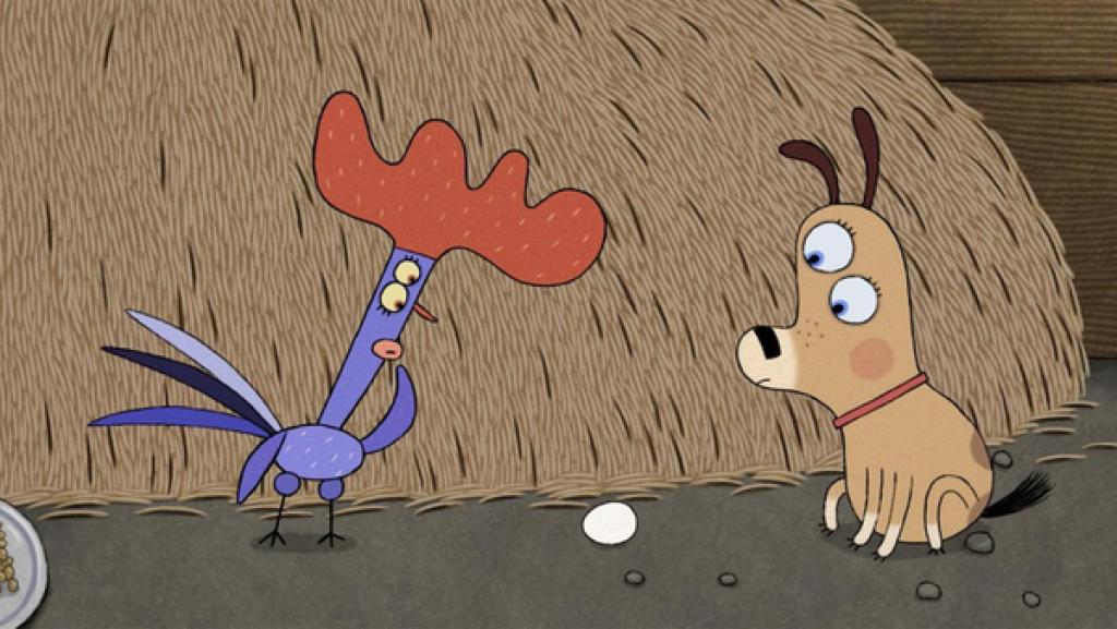 Vor einem großen Heuhaufen steht ein farbenprächtiger Hahn in blau-violetten Federkleid. Er trägt einen großen roten Hahnenkamm auf seinem Kopf. Verwundert blickt er auf ein weißes Hühnerei, das vor ihm auf dem Boden liegt. Ihm gegenüber steht Lenas Hund, der ebenso ratlos auf das Ei blickt.