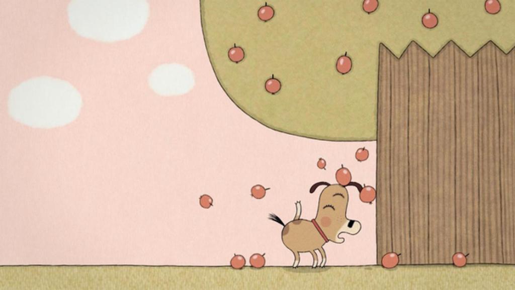 Lenas Hund steht zum Pinkeln an einem großen Apfelbaum, der viele Früchte trägt. Einige der Äpfel fallen auf den Hund, der vor Schreck und Schmerz den Kopf einzieht.