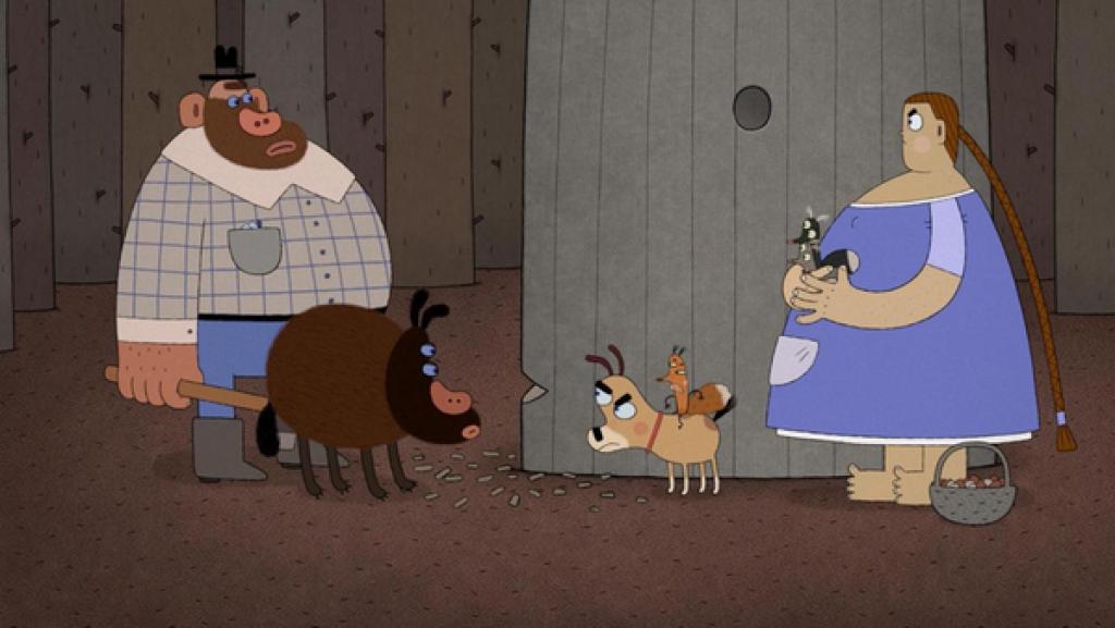 Mitten im Wald an einem großen Baum steht Lena. In dem Baum sieht man eine Kerbe, die von einer Axt stammt. Oben im Baum sieht man ein Loch, das der Eingang zu einer Baumhöhle ist. Lena trägt zwei Eichhörnchen in den Händen. Vor ihr steht ihr Hund mit dem Hof-Eichhörnchen auf dem Rücken. Alle blicken zornig auf einen großen, stämmigen Mann mit Hut und Axt, der ihnen mit seinem Hund gegenüber steht. Sowohl der Mann, als auch der Hund blicken Lena und ihre Gefolgschaft unsicher an.