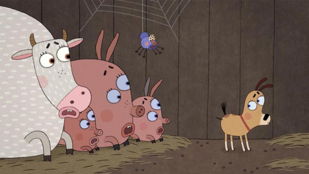 Lenas Hund steht im Stall auf Lenas Hof. Mit seinem Hinterteil ist er zur Kuh, dem Schwein und den zwei Ferkeln gewandt. Im Po von Lenas Hund steckt ein dicker Stachel, den die vier Tiere mit offenem Maul und großen Augen betrachten. Auch eine blaue Spinne, die an einem Faden von ihrem Netz herunter hängt, blickt auf den Stachel im Po vom Hund.