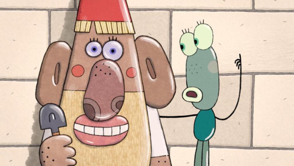 Ein Gartenzwerg mit grinsendem Gesicht und roter Zipfelmütze, eine kleine Schippe in der rechten Hand, schaut stur geradeaus. Neben ihm steht ein grüner Frosch, der mit dem Gartenzwerg redet. Er hat dem Zwerg dabei eine Hand auf die Schulter gelegt.