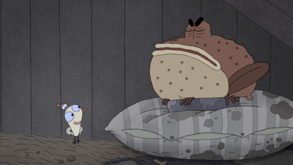 In der Hundehütte von Lenas Hund sitzt eine fette, braune, mürrisch aussehende Unke auf dem Kissen, auf dem sonst Lenas Hund sitzt. Vor der Unke steht das weiße Küken, mit dem Lenas Hund seine Hütte teilt. Das Küken sieht die Unke selbstbewusst lächelnd an.